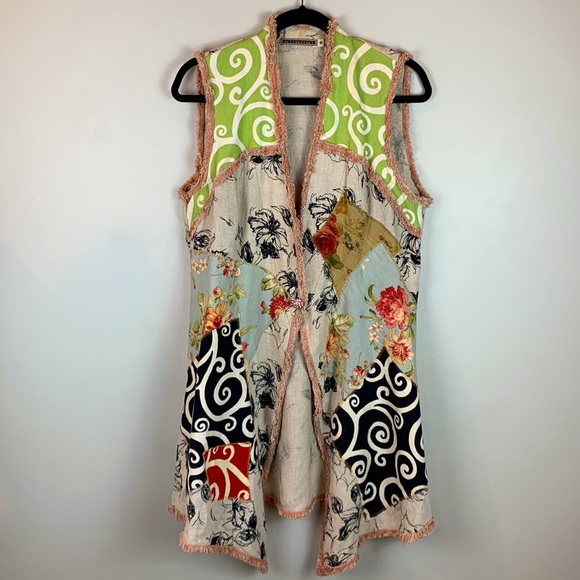 Vintage 90s Crunch Patchwork Linen Vest with Fringe Detail - Picture 5 of 8